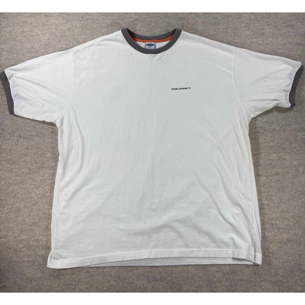 Old Navy Mens XXL White Ringer T-Shirt Grey Trim Cotton Logo Short Sleeve Tee